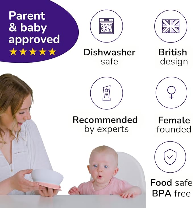 doddl 2-in-1 Baby & Toddler Suction Bowl with Removable Base, Converts to Non-Slip Self Feeding Dish, BPA & Toxin Free, Ergonomic High Back Oval Design, Dishwasher Safe, 6–48 Months (Dusky Rose)