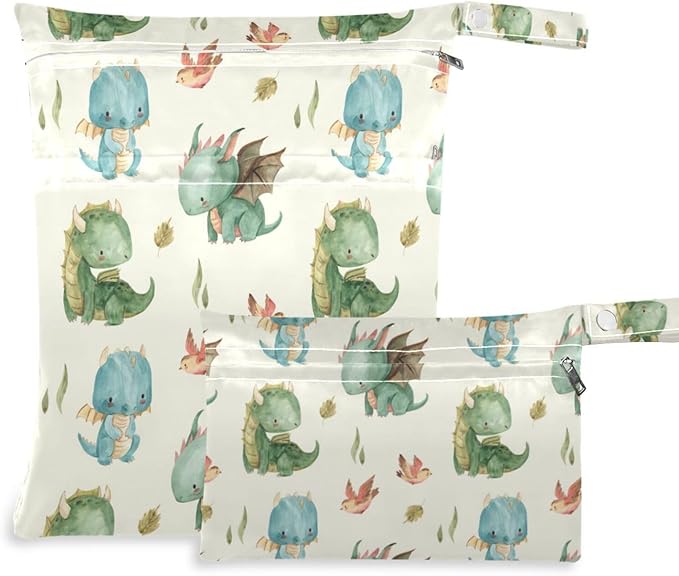 Watercolor Dragon Wet Dry Bag for Baby Cloth Diaper Waterproof Reusable Travel Wet Bag with Two Zippered Pockets for Swimsuits, 2 Pcs