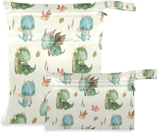 Watercolor Dragon Wet Dry Bag for Baby Cloth Diaper Waterproof Reusable Travel Wet Bag with Two Zippered Pockets for Swimsuits, 2 Pcs