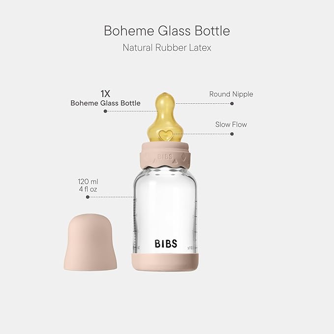 BIBS Boheme Baby Glass Bottle 4 oz /120 ml. Anti-Colic. Round Natural Rubber Latex Nipple. Supports Natural Breastfeeding - Blush