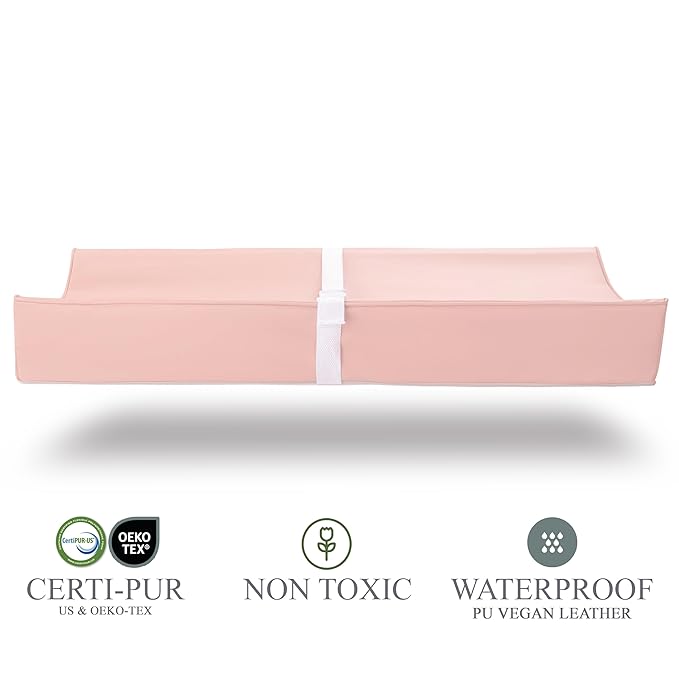 Vegan Leather Contoured Baby Changing Pad | Waterproof & Wipe-Clean PU Leather Diaper Change Mat, Soft, Wipeable Cover, Safety Strap, Non-Slip Bottom, Topper for Standard Infant Diaper Table & Dresser