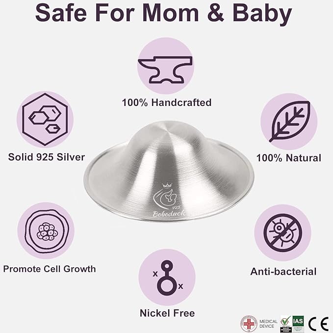 Boboduck The Original Silver Nursing Cups - Nipple Shields for Nursing Newborn, Newborn Breastfeeding Must Haves for Soothe and Protect Your Nursing Nipples - 925 Silver (Regular Size)