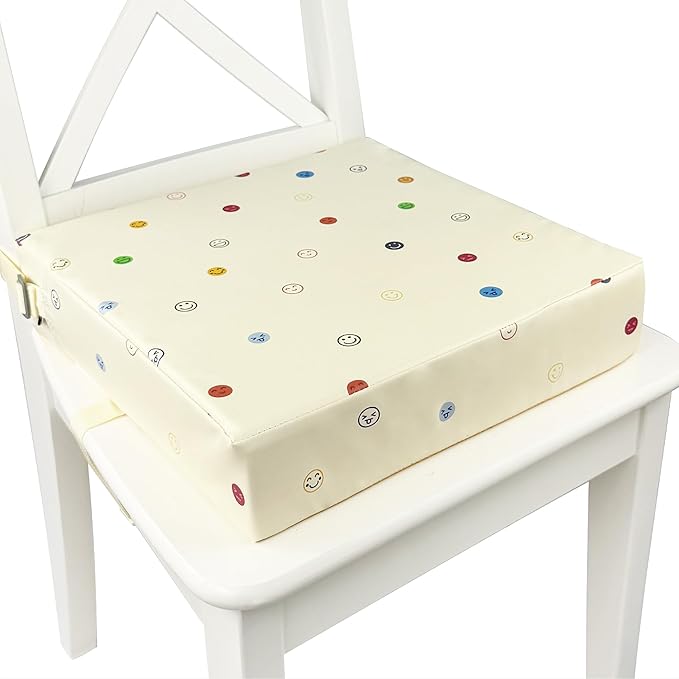 Toddler Booster Seat for Dining Table, Waterproof & Easy-to-Clean PU Cover, Safety Certified, Portable Booster Seat for Kitchen Chairs (Beige - Smile)