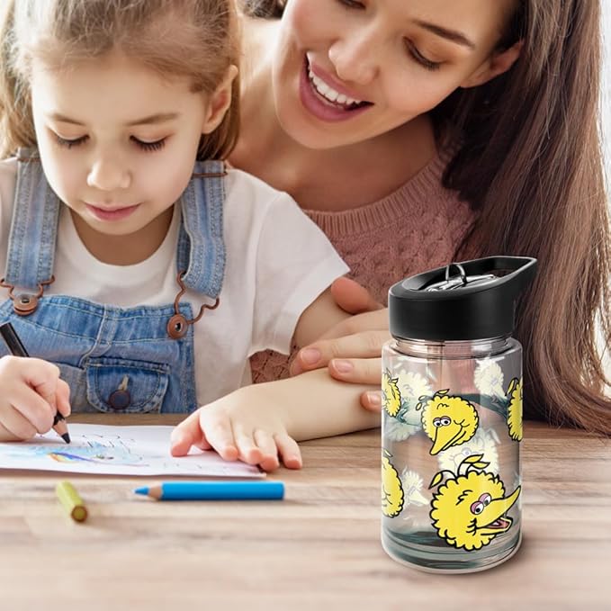 LOGOVISION Sesame Street Kids Tritan Plastic Water Bottle with Straw Lid and Handle, Reusable Tumbler for Toddlers, Unisex for Girls and Boys, 12oz, Big Bird Head Pattern
