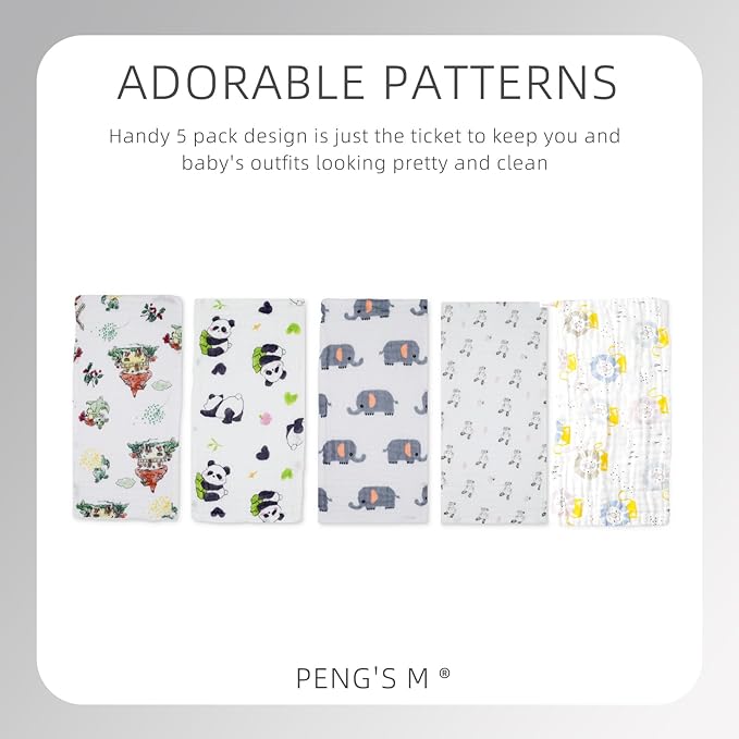 PENG'S M Muslin Burp Cloths 5-Pack 20''x10'' Panda Baby Burping Cloth Set 100% Cotton Washcloths 6 Layers Baby Essentials Super Soft and Absorbent