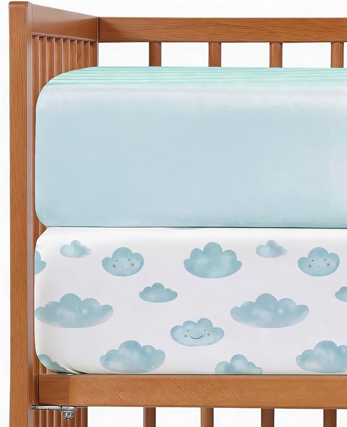 2-Pack Mini Crib Sheets Fitted - Pack N Play Sheets for Pack and Play Mattress - Stretchy Soft Microfiber Playard Bedding - Mini Toddler Bed Cover Boys & Girls - Easy-Fit, Oeko-Tex, 38 x 24in - Clouds