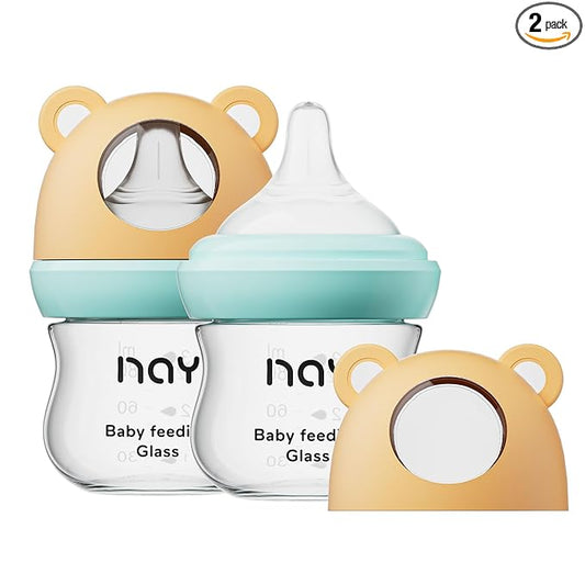 yanyoyo Natural Glass Baby Bottle for Breastfeeding Babies, 3oz Newborn Anti-Colic Baby Bottle with Slow Flow Nipples (SS), Clear, Wide Neck, 2 Pack, 0 Months+