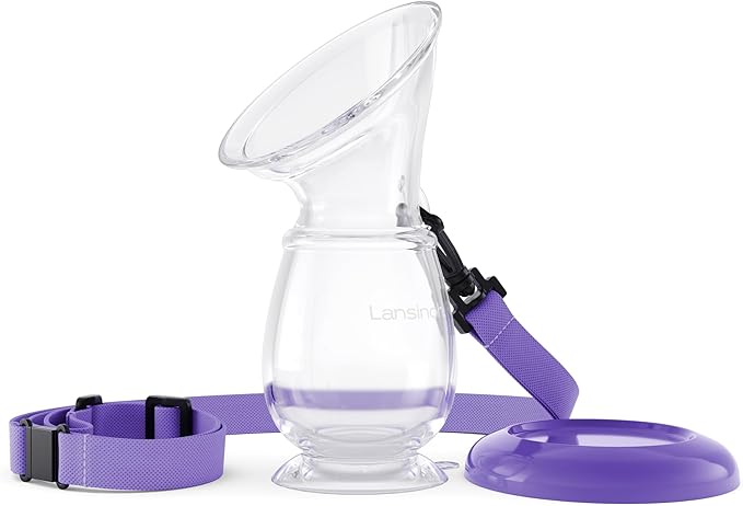 Lansinoh Silicone Milk Collector Breast Pump for Breastfeeding with Suction Base, 4 Ounces, Portable and Lightweight, With Neck Strap and Protective Lid, 1 Count