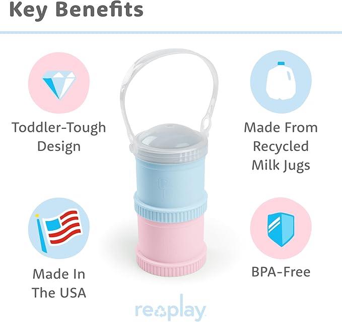 Re-Play Snack Stack Toddler Containers, 2 Sets - Stackable Cups with Travel Lid & Strap for On-the-Go, BPA-Free, Made in USA, Ice Pink/Ice Blue