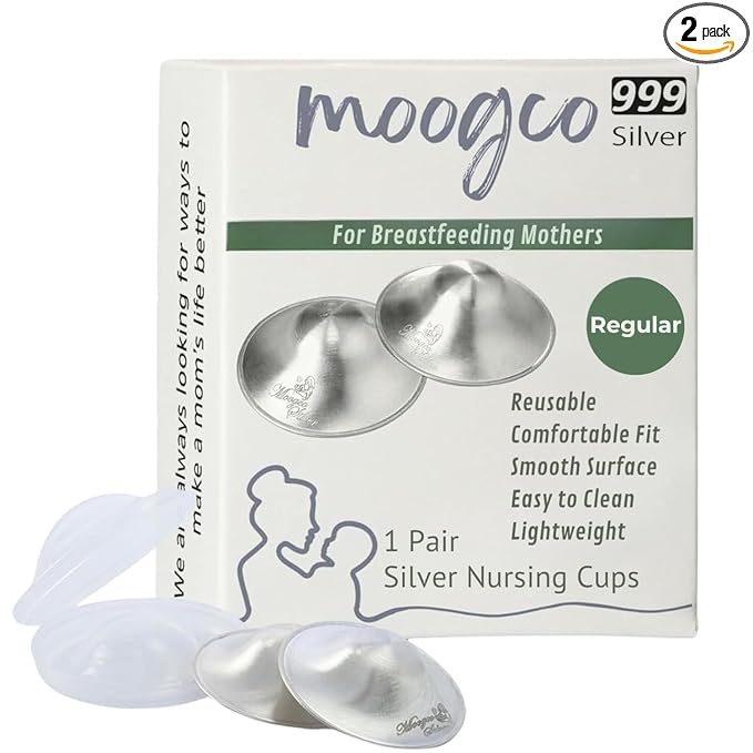 MOOGCO Silver Nursing Cups - 999k Pure Silver Nipple Shields for Breastfeeding - Chemical-Free Nipple Protection (Regular, Set of 2)