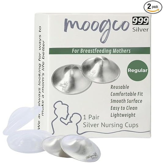 MOOGCO Silver Nursing Cups - 999k Pure Silver Nipple Shields for Breastfeeding - Chemical-Free Nipple Protection (Regular, Set of 2)