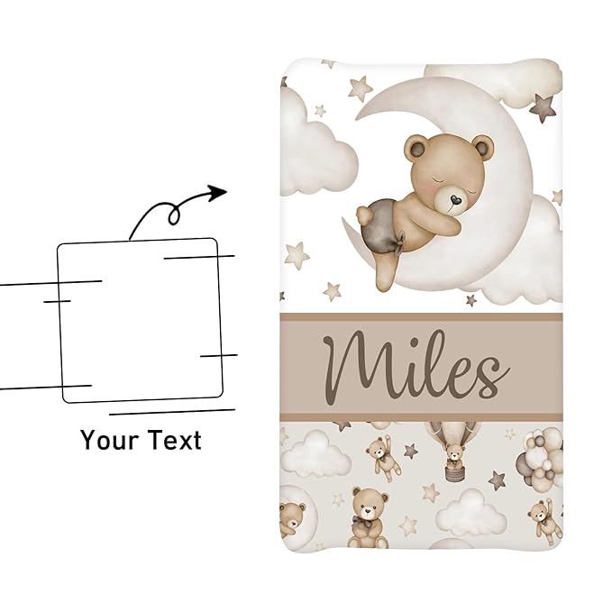 Custom Name Changing Pad Cover - 2 Piece Customizable Brown Bear Changing Pad Cover - Cotton Toddler Baby Pee Pad for Diaper Changing Table Nursery Protector