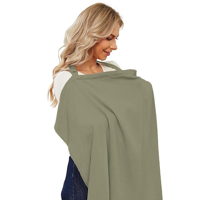 Muslin Nursing Cover for Baby Breastfeeding, Breathable Privacy Nursing Covers for Mom 100% Cotton Breastfeeding Cover with Rigid Hoop for Mother Nursing Apron (AGreen)