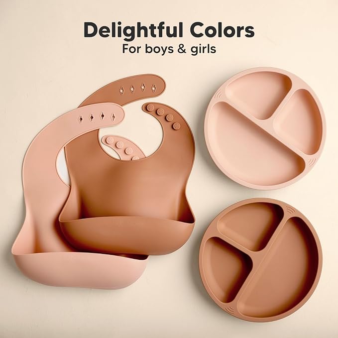 KeaBabies 2-Pack Silicone Bibs for Babies, Toddlers Girl, Boy – Sturdy Food-Grade Baby Bibs for Eating, Large Food Catcher, Clean & Put On Easily, Waterproof Toddler Feeding Essentials (Dusk)
