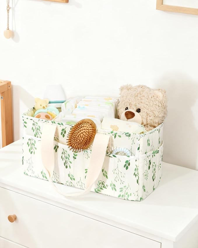 BuyCard Leaf Pattern Diaper Caddy Organizer, Nursery Storage Basket with Handle, Baby Essentials Holder, Cream with Green Floral Design
