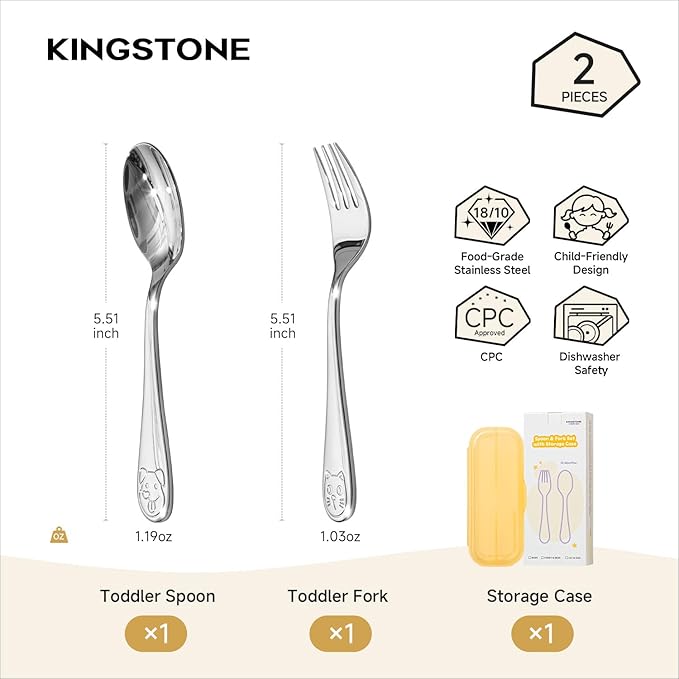 KINGSTONE 2-Piece Toddler Utensils Set, Small Fork & Spoon with Storage Case, 18/10 Stainless Steel, Cat & Dog Print, Lightweight, Ergonomic for Self-Feeding, Travel & Portable Baby Flatware