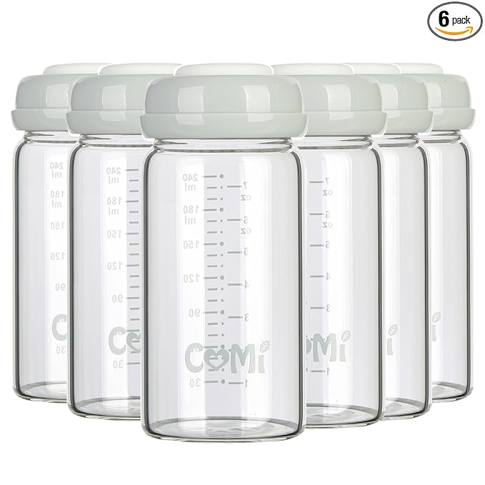 COMI Wide Neck Glass Breastmilk Collection n Storage Bottle, 8oz with Screw Ring Sealing Disk; Re-markable Sealing Disc. BPA Free, Fits Breast Pumps & Nipples (6 Gray Lids)