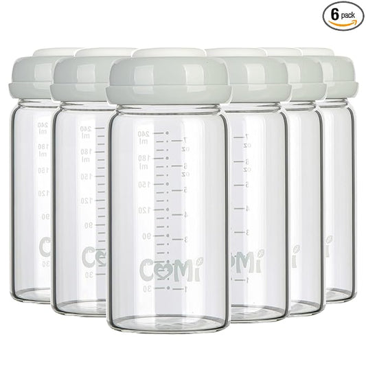 COMI Wide Neck Glass Breastmilk Collection n Storage Bottle, 8oz with Screw Ring Sealing Disk; Re-markable Sealing Disc. BPA Free, Fits Breast Pumps & Nipples (6 Gray Lids)