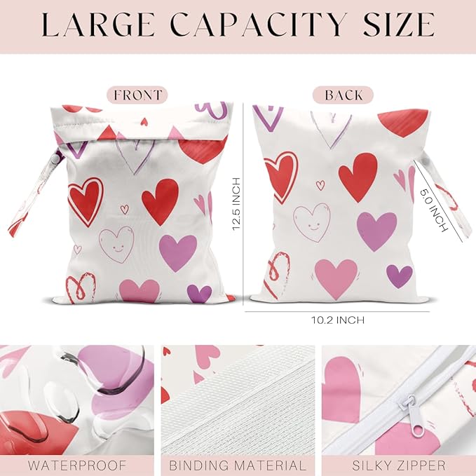 Wet Bag, Wet Dry Bag, Swimsuit Bags, Beach Essentials, Heart Decor Waterproof Bags for Travel, Beach, Pool, Diapers, and Dirty Yoga Gym Clothes