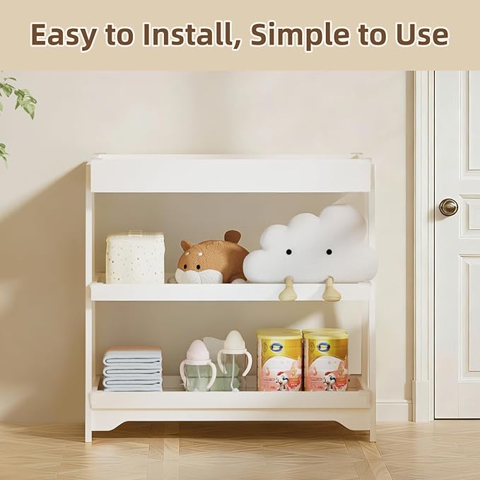 KORIMEFA Baby Changing Table with Two Open Shelves for Infant Daycare Essentials Storage - White with White Legs