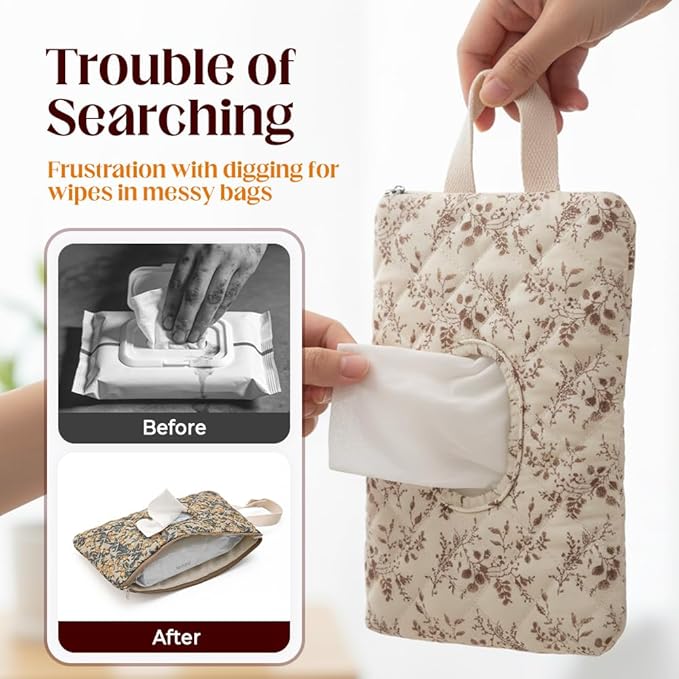 2 PCS Floral Quilted Baby Wipe Holder Pouch with Strap, Reusable Portable Wipes Case for Stroller & Diaper Bag, Leak-Proof Travel Wipes Dispenser with Floral Pattern (Beige)