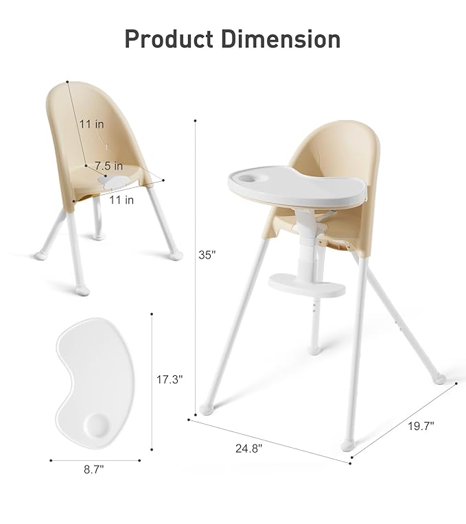 Mallify Foldable High Chair, Space-Saving Portable Baby High Chair with Removable Double Tray, Modern Convertible Baby Feeding Chair, Lightweight, Easy to Clean, Beige