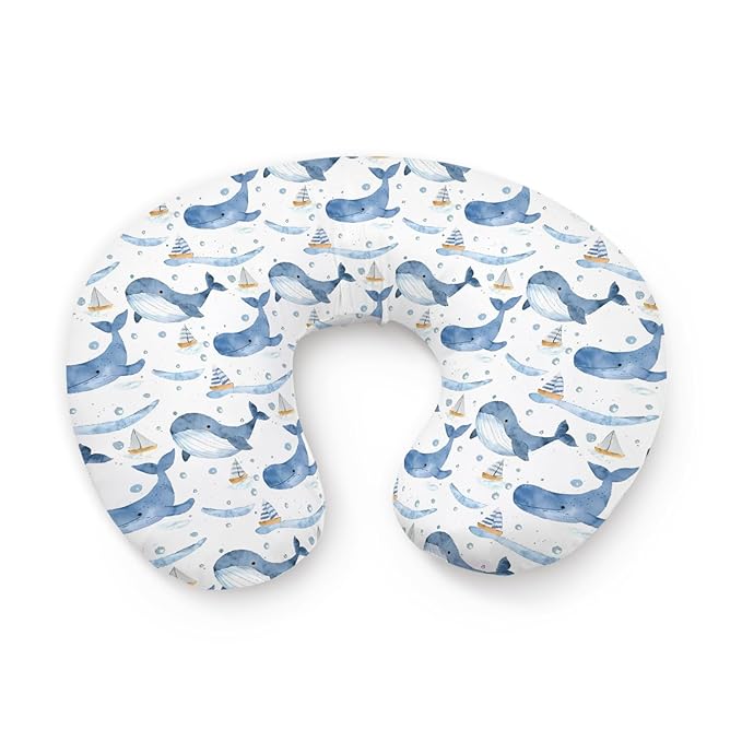 Watercolor Ocean Whale Pattern Nursing Pillow Cover, Unisex Sea Animals Sailboats Removable Breastfeeding Pillowcase Slipcover for Baby Girls Boys Newborns Toddlers, Cover Only