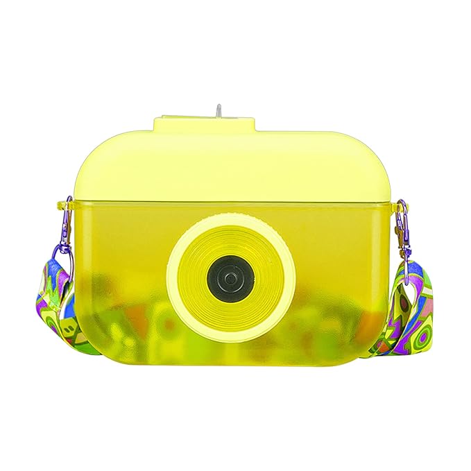 13 oz Cute Water Bottle with Straw - Camera Shape Water Cup with Adjustable Shoulder Straps - Ideal Kawaii Gift for School (Yellow)