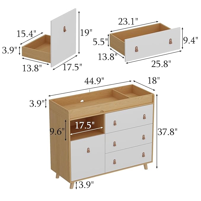 Baby Dresser with Changing Table Top, 4 Drawers Nursery Dresser with Removable Guard, Infant Diaper Changing Station Baby Cloth Organizer for Nursery and Kids Bedroom, Wood Color - 44.9" W
