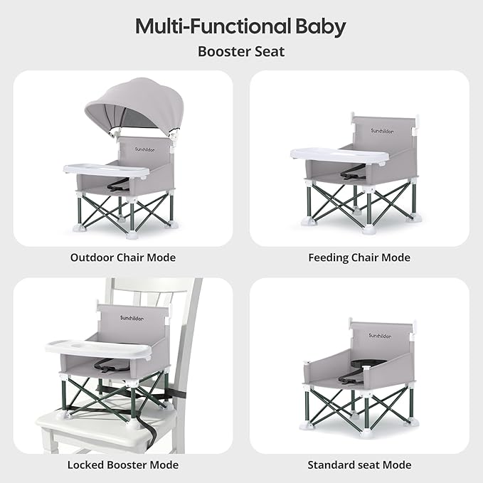 Portable Baby Booster Seat with Removable Tray & Canopy - 3 Point Safety Harness, Compact Fold for Travel, Indoor Outdoor Use for Infants & Toddlers, Gray
