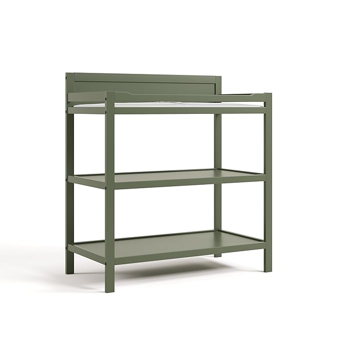 Storkcraft Alpine Changing Table (Olive) - Includes Water Resistant Changing Pad with Safety Strap, 2 Open Shelves for Storage