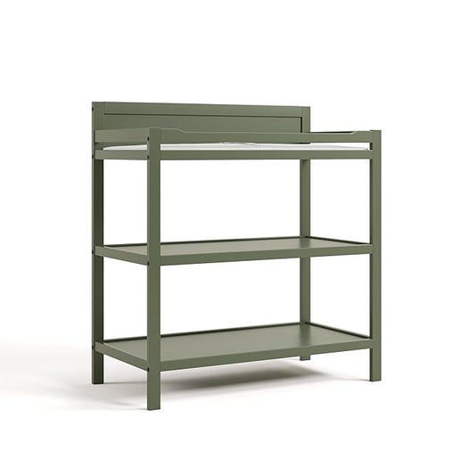 Storkcraft Alpine Changing Table (Olive) - Includes Water Resistant Changing Pad with Safety Strap, 2 Open Shelves for Storage