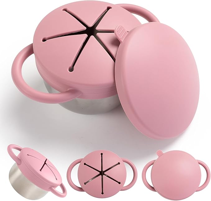 Bufilea Snack Containers for Toddlers, 3-in-1 Stainless Steel Toddler Snack Cups with Removable Silicone Food Catcher & Travel Lids, No-Spill Snack Container for Baby Self-feeding (Pink, Pack of 1)