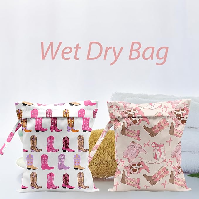 Pink Reusable Western Boots Pattern Wet Bag Waterproof Cloth Diaper Wet Dry Bag for Travel Beach Pool Daycare Soiled Toddler Items Yoga Gym - 2pcs