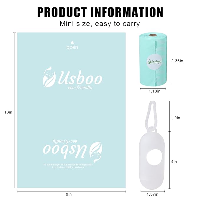 USBOO Diaper Bags Disposable for Baby - Fresh Powder Scent, 8 Refill Rolls (120 Pack) Diaper Trash Bags with Dispenser, Diaper Bag Accessory