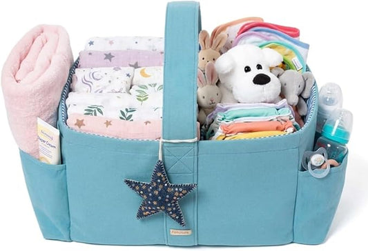 Folkulture Baby Diaper Caddy | Cotton Diaper Bag for Kids - Stylish Comfort Spacious Travel Essential Cart | Nursery Storage Bin and Car Organizer for Diapers, Wipes (Sky Blue - 15")