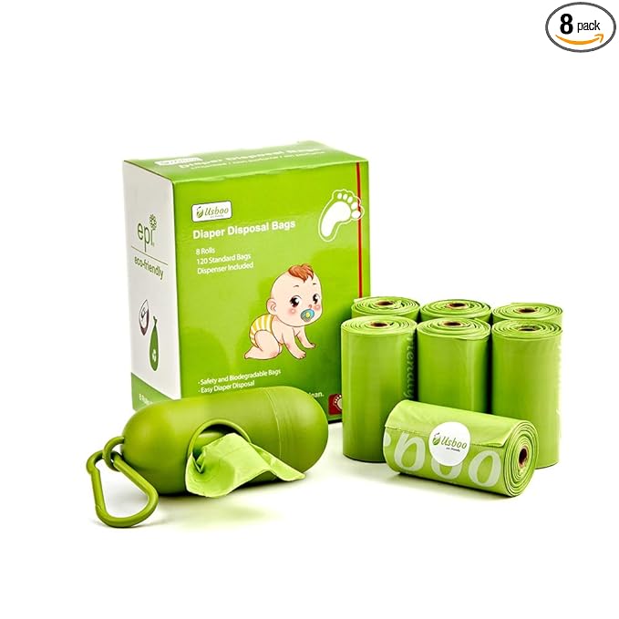 USBOO Baby Disposable Diaper Bags, Waste Bags 8 Refill Rolls/120 Bags with Dispenser, Convenient and Quick Diaper Disposal, Unscented