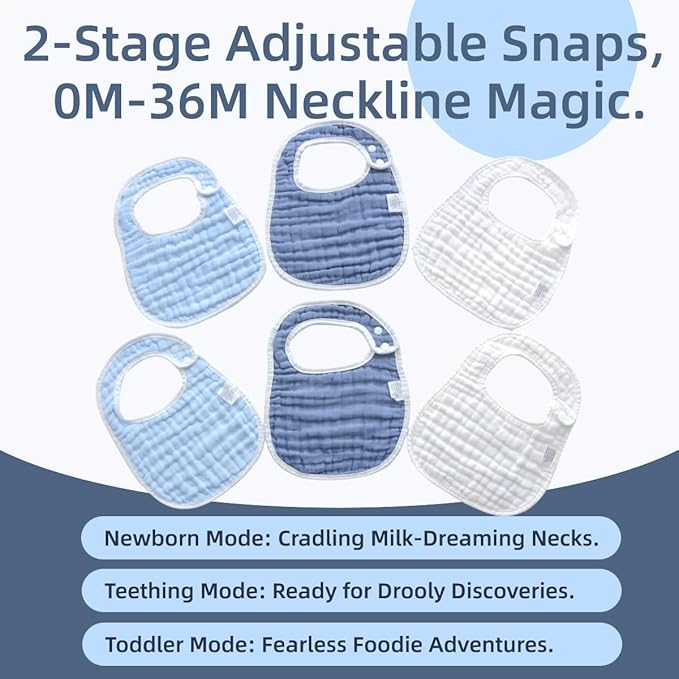 MUKIN Baby Muslin Bibs and Burp Cloths, 6 Pack, Soft Absorbent Cotton, Adjustable