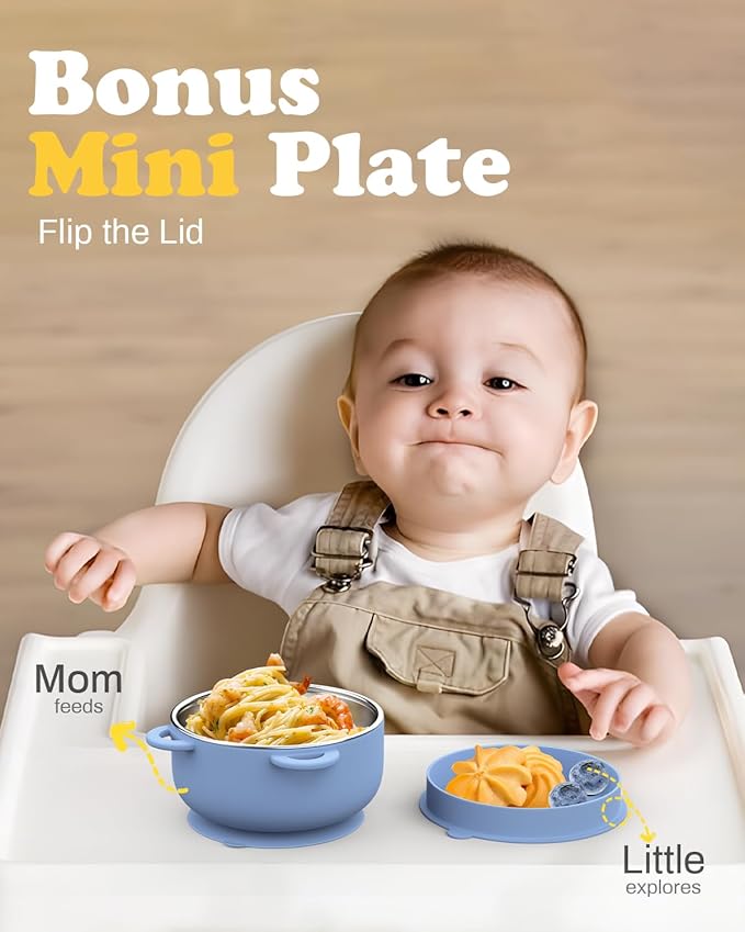 Bakpoco Baby Suction Bowls with Lids 4-Pack, 2-in-1 Stainless Steel 304 Toddler Bowl & Removable Silicone Suction Kids Bowl Plate Set Non Toxic Snack Dishes for Self-Feeding, Ocean Explorer Set