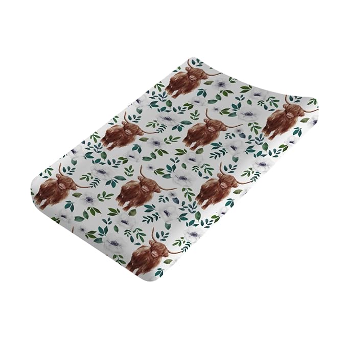 Highland Cows Floral Changing Pad Covers Highland Yak Flowers Leaves Diaper Change Table Pad Covers for Baby Girls and Boys Soft Breathable Stretch Changing Table Cover 32''x16'' Poppy