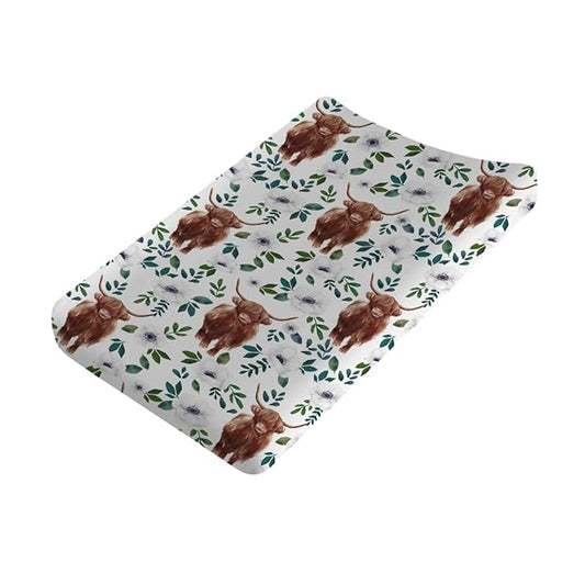 Highland Cows Floral Changing Pad Covers Highland Yak Flowers Leaves Diaper Change Table Pad Covers for Baby Girls and Boys Soft Breathable Stretch Changing Table Cover 32''x16'' Poppy