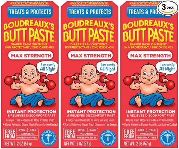 Boudreaux’s Butt Paste Diaper Rash Ointment, Baby Rash Cream Skin Protectant, Fast Relief for Diaper Rash, Soothing Barrier Cream, Maximum Strength, 2 Ounce Tube (Pack of 3)