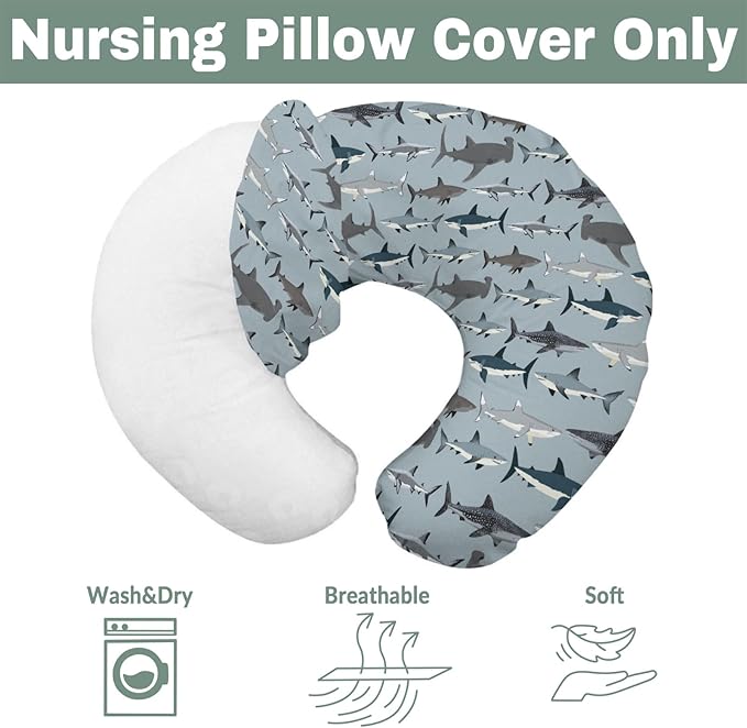 Sharks Boho Neutral Baby Nursing Pillow Covers for Boy Girl Sea Shark Species Nursery Pillowcase for Breastfeeding Pillows Marine Ocean Shark Lover Gifts Soft Stretchy Slipcovers for Newborn Infant