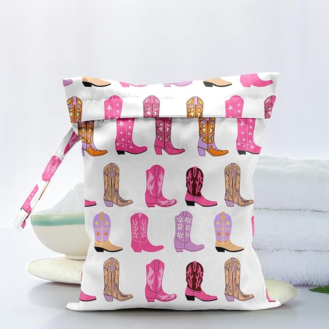 Waterproof Cloth Diaper Wet Dry Bag, Reusable Travel Beach Pool Daycare Soiled Toddler Items Yoga Gym Bag for Swimsuits or Wet Clothes Diaper Western Boots Wet Bag