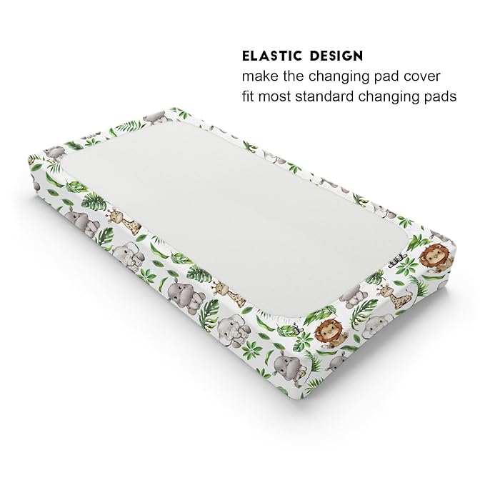 Baby Safari Animals Tropical Leaves Changing Pad Covers Lion Elephant Giraffe Zebra Hippo Diaper Change Table Pad Covers for Girl Boy Soft Breathable Stretch Changing Mat Sheets 32''x16''