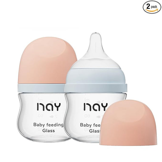 yanyoyo Natural Glass Baby Bottle Wide Neck, Newborn Anti-Colic Baby Bottle, Clear, 3oz(Pack of 2), Includes 2Pcs Slow Flow Nipple(SS), 0 Months+