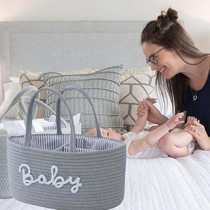 Diaper Caddy Organizer for Changing Table, Cotton Rope Baby Storage Basket for Diaper Wipes, Car Caddy Organizer, Nursery Diaper Organizer With Divider, Portable Diaper Storage -Light Grey