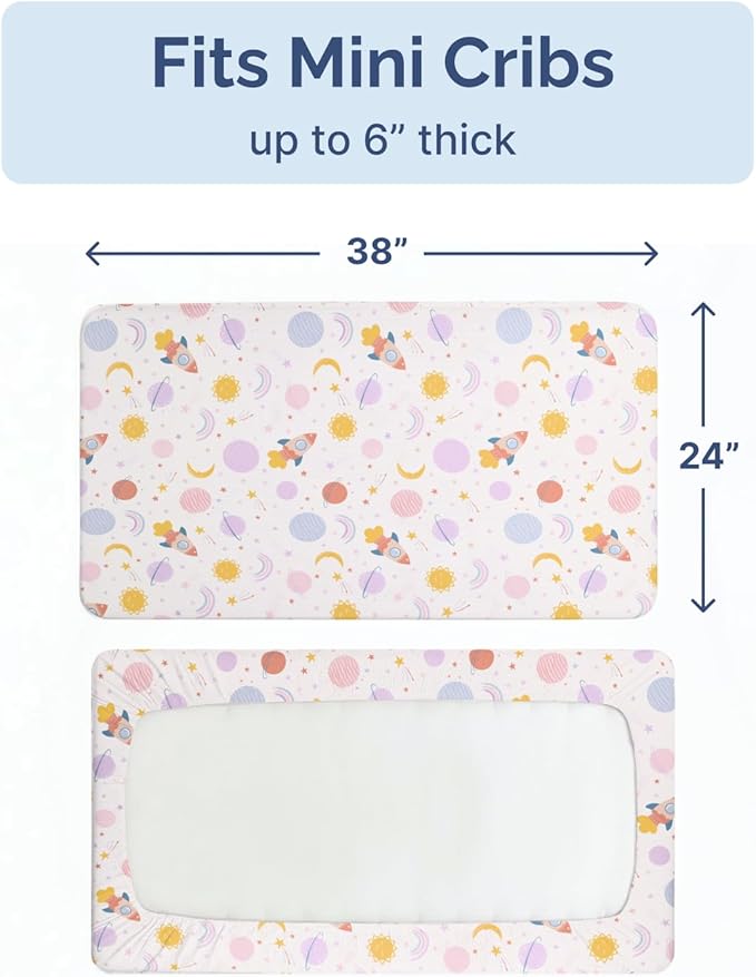 2-Pack Mini Crib Sheets Fitted - Pack N Play Sheets for Pack and Play Mattress - Stretchy Soft Microfiber Playard Bedding - Mini Toddler Bed Cover for Boys & Girls - Oeko-Tex - 38 x 24in, Space Girl