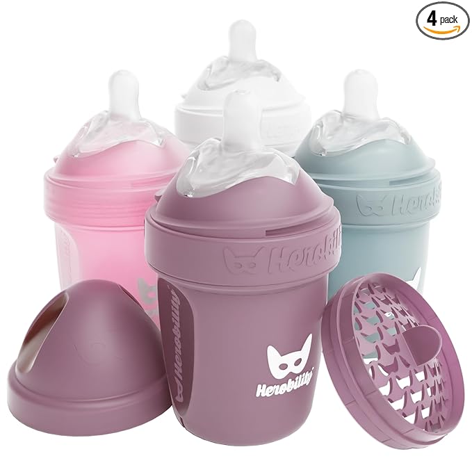 Herobility Anti-Colic Baby Bottles 5 fl oz/140ml- Pack of 4 Newborn Baby Bottles, Slow Flow Plastic Bottles, Breast-Shaped Teat for Breastfed Babies – Multicolor – White, Gray, Pink, Hawthorn Rose