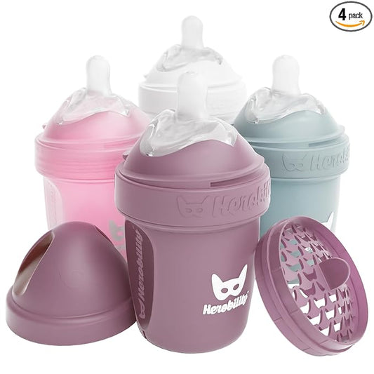 Herobility Anti-Colic Baby Bottles 5 fl oz/140ml- Pack of 4 Newborn Baby Bottles, Slow Flow Plastic Bottles, Breast-Shaped Teat for Breastfed Babies – Multicolor – White, Gray, Pink, Hawthorn Rose